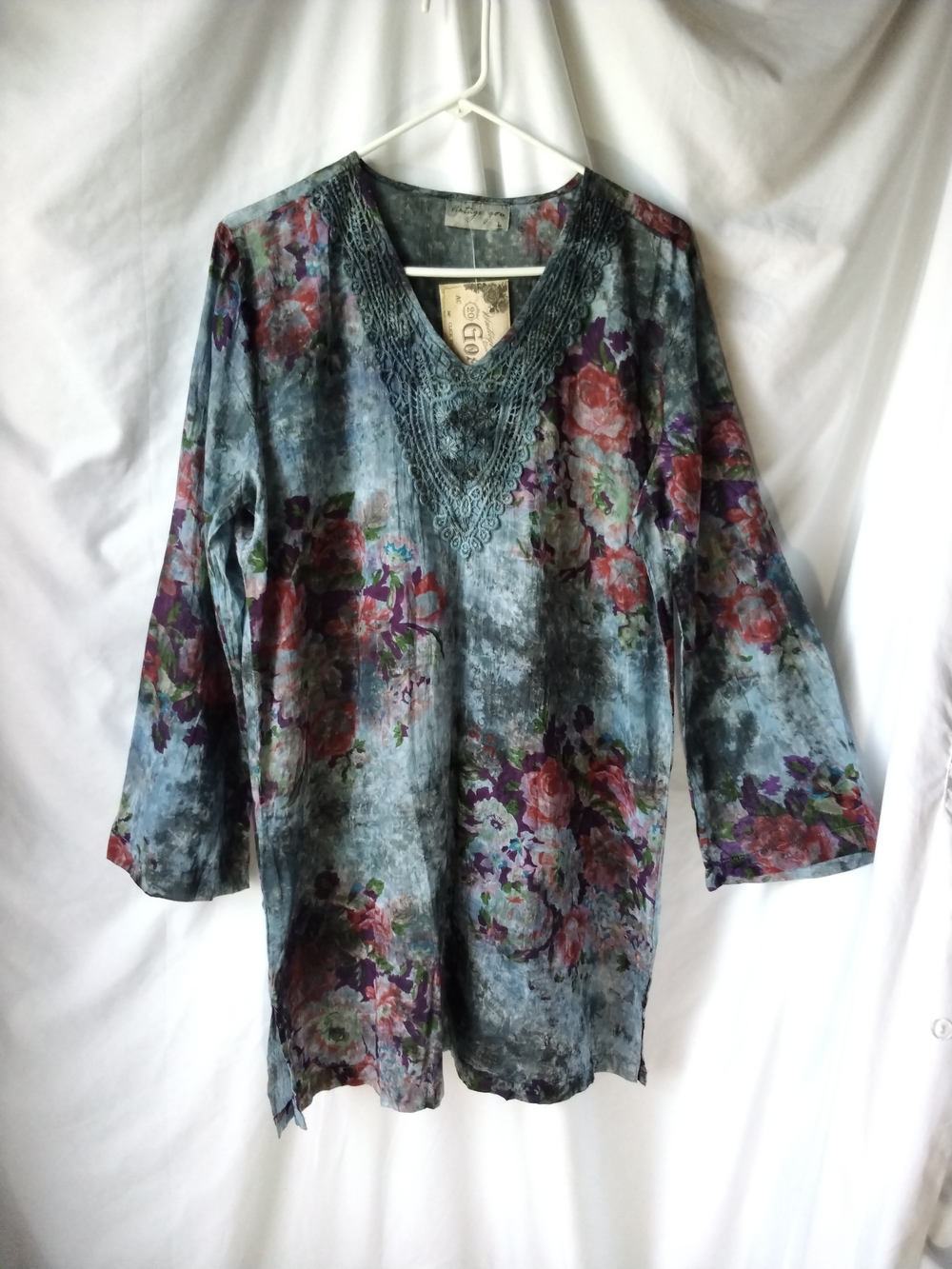 Floral V-Neck Tunic in Blue with Crochet Detail